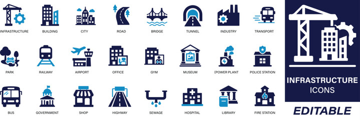Flat icon set of public infrastructure and city elements. Includes icons for urban planning, smart cities, transport, roads, buildings, energy, and public utilities. Ideal for city apps, planning tool
