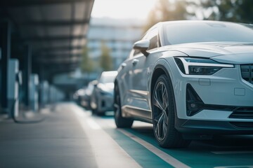 Modern Electric Vehicle Charging in Urban Setting on Bright Sunny Day