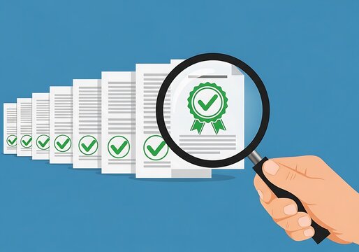 Magnifying glass examining a stack of documents with a verified quality seal