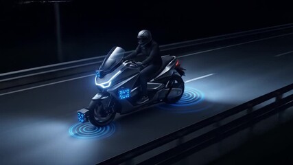 Aerial footage of a self-driving futuristic motorcycle scanning the road with digital sensors. Ideal for tech ads, smart mobility education, and autonomous vehicle presentations. - Powered by Adobe