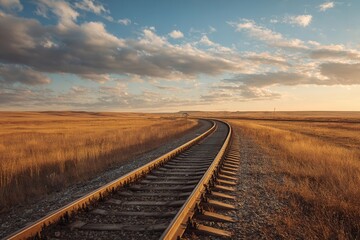 Obraz premium landscape shot of railway tracks stretching into the distance through a golden field