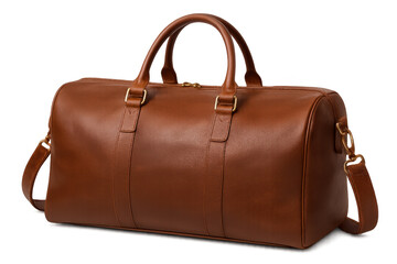 Classic brown leather travel bag with gold hardware, perfect for weekend getaways or business trips, isolated on transparent background