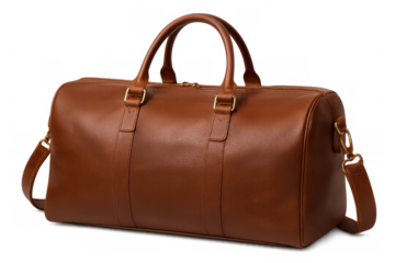Classic brown leather travel bag with gold hardware, perfect for weekend getaways or business trips, isolated on transparent background