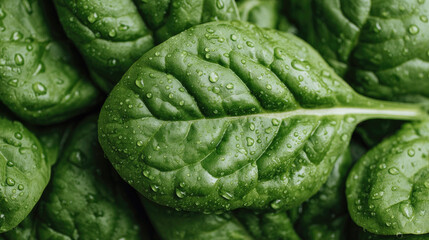 Obraz premium Fresh green spinach leaf with water droplets closeup