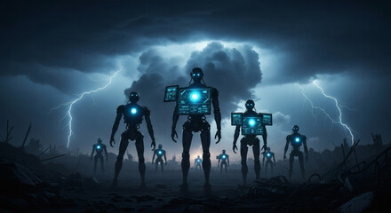 A group of futuristic robots stand in a desolate landscape under a stormy sky with lightning strikes, creating a dramatic and ominous scene.