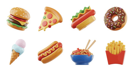Set of eight colorful fast food icons including burger, pizza, hot dog, donut, ice cream, fries, and noodles, ideal for menu, snack, and food design