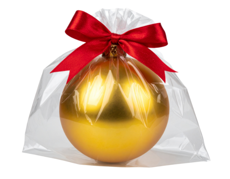  Golden Bauble Wrapped in Transparent Cellophane Gift Wrap, Tied with Bow, Isolated