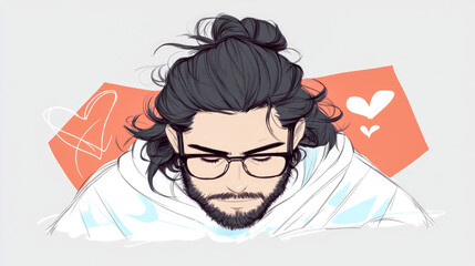Modern man's serene contemplation with a beard and eyeglasses, featuring heart accents, ideal for calm themes, mindful moments, or thoughtful promotions.