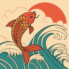 Obraz premium Red Koi Fish and Flowing Ribbons - Vector Illustration