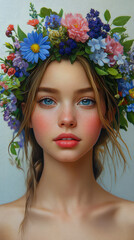 Naklejka premium Radiant Young Woman Adorned with Colorful Flower Crown for Spring Celebration Poster