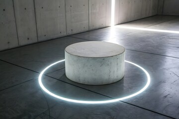 Modern minimalist concrete pedestal with neon halo, futuristic showroom setting.