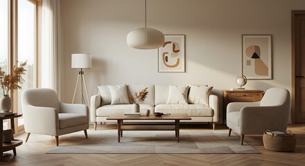 Modern Living Room Interior Design with Brown Leather Chair, Beige Sofa and Wooden Wall Panels	
