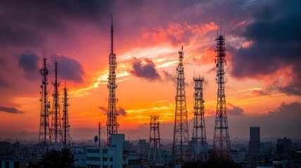 Sunset skyline with silhouetted communication towers. Artificial intelligence image
