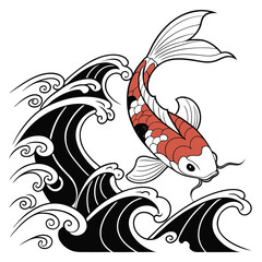 Red Koi Fish and Flowing Ribbons - Vector Illustration