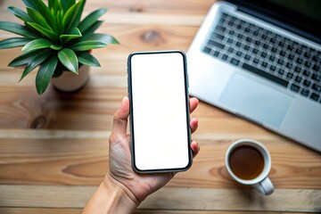 Hand holding blank screen smartphone next to laptop and coffee