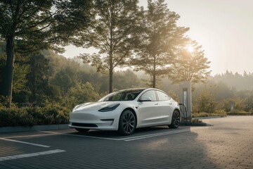 Fototapeta premium Sleek White Electric Car Charging at Sunset in a Lush Green Forest