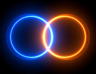 Two glowing neon circles in blue and orange lightly overlap on a black backdrop, creating a clean and futuristic visual of balance, symmetry, and digital harmony.