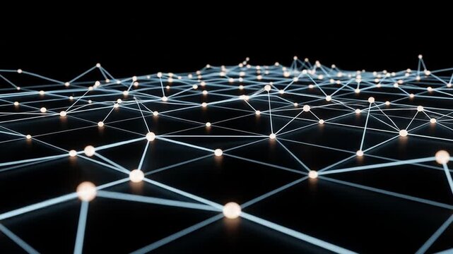 Abstract network of interconnected nodes, glowing light trails, and triangular patterns on a dark background.