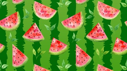 A vibrant watercolor pattern of juicy watermelon slices and fresh green leaves on a striped background, perfect for summer designs.