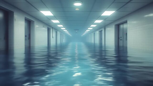 Endless flooded corridor with bright lights