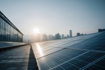 Solar Panel Array Reflecting Sunlight at Sunset Over Urban Skyline