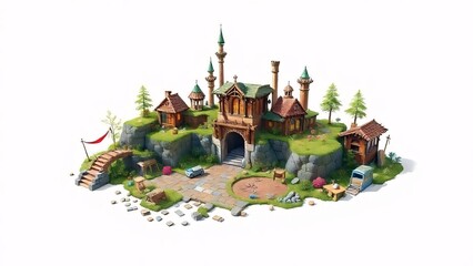 Asian architecture atop a hill features an ancient look on a castle roof overlooking a forest, blending culture with old-world charm