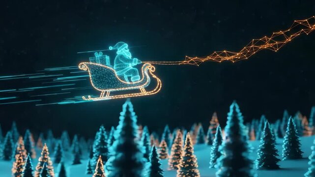 A glowing animated Santa Claus in a vibrant sleigh soaring through a starry night sky over a snow-covered forest delivering gifts amidst twinkling lights and festive cheer