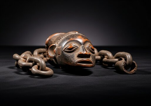 Wooden sculpture head with heavy chains, symbolizing slave trade remembrance and abolition for freedom