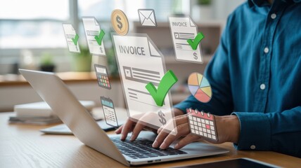 Automated Invoice Processing: A person using a laptop surrounded by invoice documents and financial icons, emphasizing efficient billing, expense tracking, and digital accounting