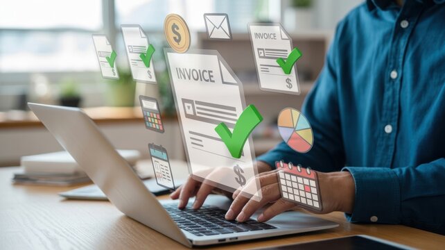 Automated Invoice Processing: A person using a laptop surrounded by invoice documents and financial icons, emphasizing efficient billing, expense tracking, and digital accounting