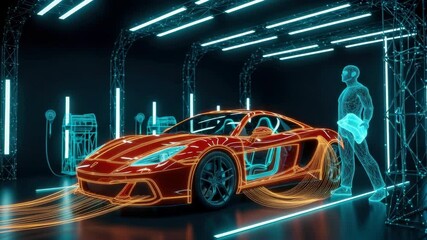 A futuristic electric car is being showcased in a high-tech garage with glowing outlines highlighting its design while a technician inspects it amidst neon lighting and charging stations