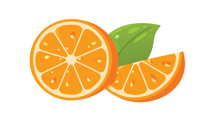 a sliced orange and a wedge with a green leaf on a white background design