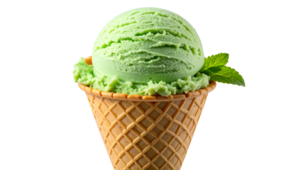 Rich bittersweet mint ice cream scoop resting on a glossy waffle cone on white in Png