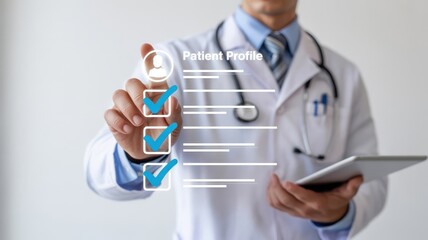 Digital Patient Profiling: A doctor interacting with a "Patient Profile" interface, emphasizing comprehensive health record management and personalized medical care