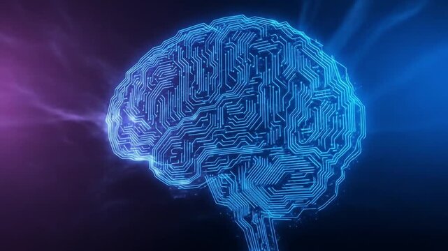 A digital representation of a brain overlaid with circuit board patterns, illuminated by vibrant blue and purple hues.