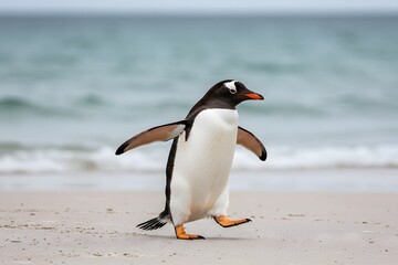 Naklejka premium wings outstretched and one leg raised. penguin has a black head, white belly, orange feet. King Penguin Aptenodytes patagonicus Chicks in Creche in the rain.a Gentoo penguin standing on a sandy beach,