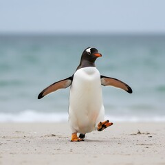 Fototapeta premium wings outstretched and one leg raised. penguin has a black head, white belly, orange feet. King Penguin Aptenodytes patagonicus Chicks in Creche in the rain.a Gentoo penguin standing on a sandy beach,