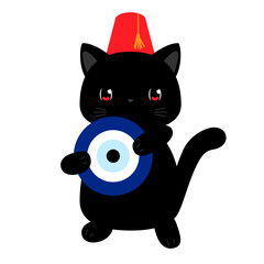 Turkish cute cat wearing Turkish red fez. Turkish Evil eye sign. Turkish-themed design, travel content, souvenir. Symbol of Turkey, Istanbul