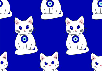 Seamless pattern with Angora white cat with Turkish evil eye. Background with greek evil eye. Symbol of protection in Turkey, Greese, Cyprus. Amulet from evil eye. Nazar. Magic item, attribute