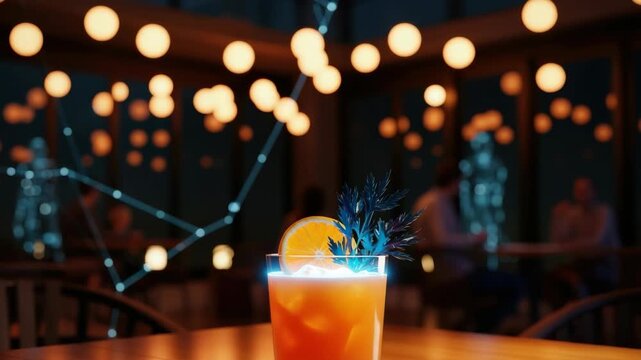 A vibrant cocktail garnished with an orange slice and herbs sits on a wooden table illuminated by soft glowing lights in a cozy bar setting with patrons enjoying their drinks in the background