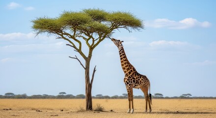 Obraz premium Giraffe standing tall beside acacia tree