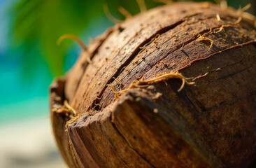 Coconut texture close-up. Tropical shell surface. Exotic detail.