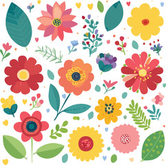 Bright Colorful Playful Botanical Icons Seamless Pattern Illustration