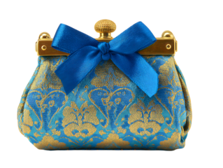 a blue and gold purse with a blue ribbon