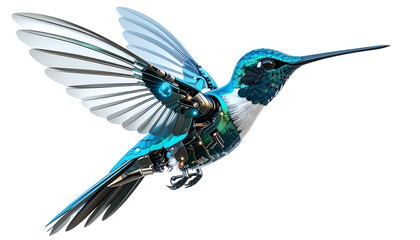 Futuristic robot hummingbird with metallic wings and glowing eyes, hovering mid-air. cybernetic body with mechanical feathers. Isolated on transparent background, PNG format.