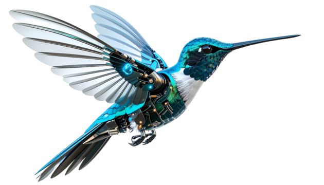 Futuristic robot hummingbird with metallic wings and glowing eyes, hovering mid-air. cybernetic body with mechanical feathers. Isolated on transparent background, PNG format. - Powered by Adobe