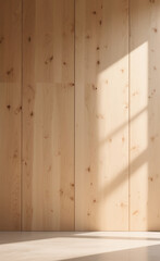Minimalist empty room with a light wood paneled wall and floor, illuminated by natural sunlight casting a window shadow.