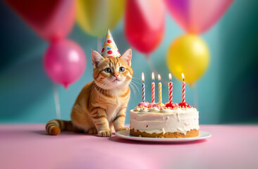 Kitten birthday celebration. Cute cat party. Adorable pet with cake.