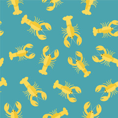 A cheerful seamless pattern features bright yellow graphic lobsters scattered across a vibrant teal blue background.