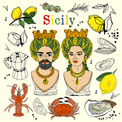 Sicily colorful collection including food, lemons and moor heads